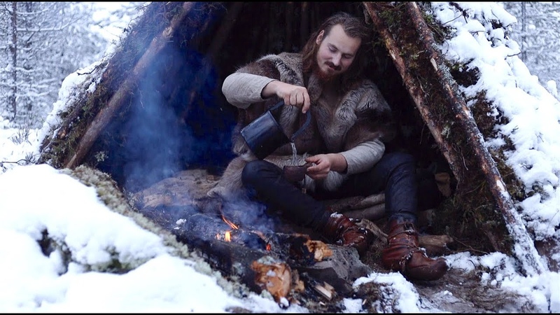 Viking bushcraft trip snow, tipi, pine tea, wilderness, reindeer skins, cooking meat