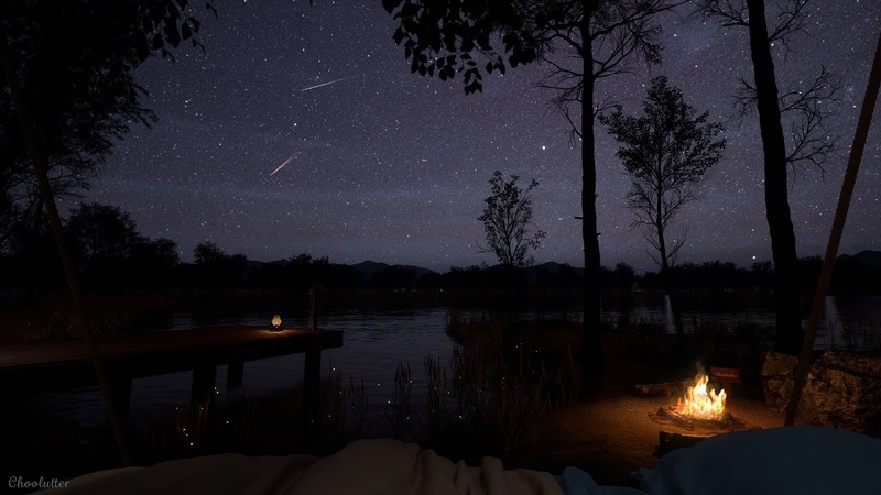Camping Ambience On A Quiet Night With A Comet Falling, Crackling Fire, Crickets, Water
